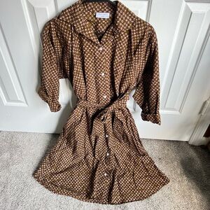 Elegant Brown Polka Dot Long Sleeve Dress